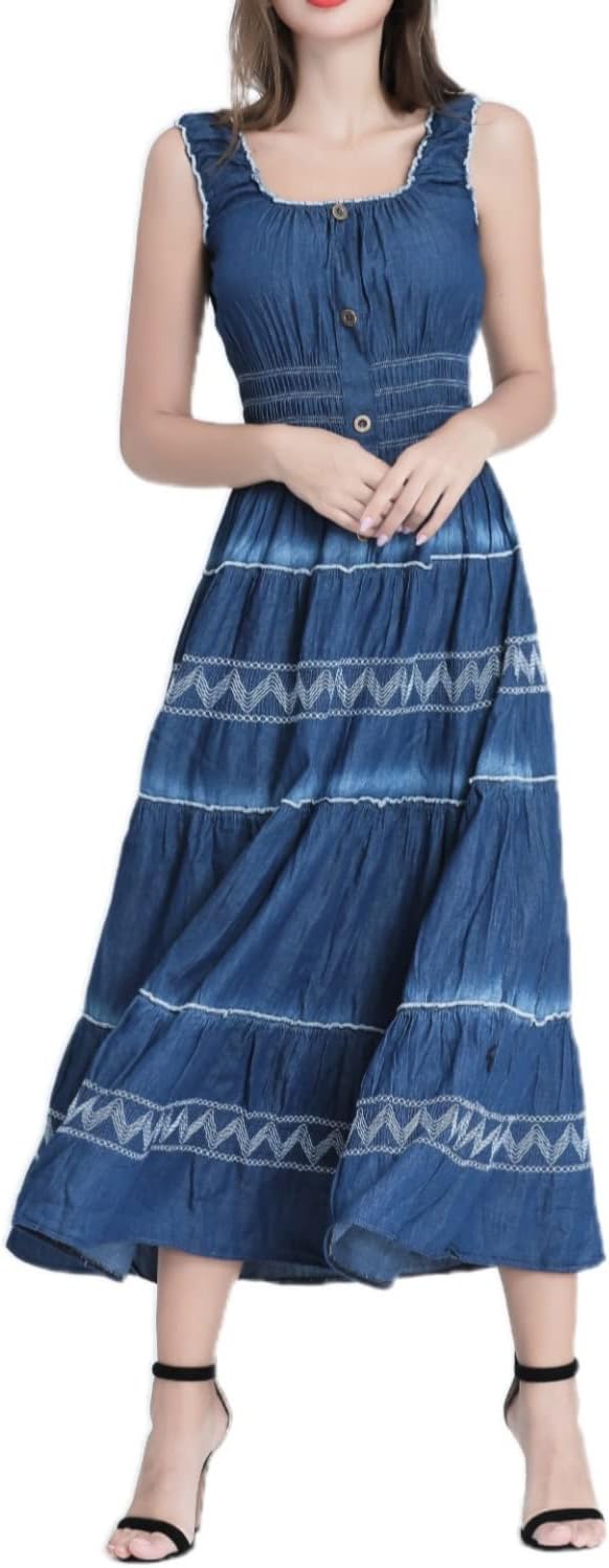 DREFBUFY Womens Denim Maxi Dress Sleeveless Summer Casual Blue Cotton Boho Flowy Long Jean Sundresses for Women