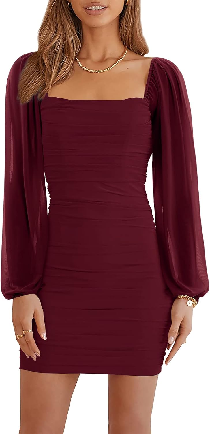 Wenrine Women Mesh Long Sleeve Square Neck Ruched Bodycon Mini Dress | Lantern Sleeve,Stretchy,Elegant,Club Party,Cocktail,Going Out,Semi Formal,Prom,Homecoming,Wedding Guest,Graduation,Teen Dress