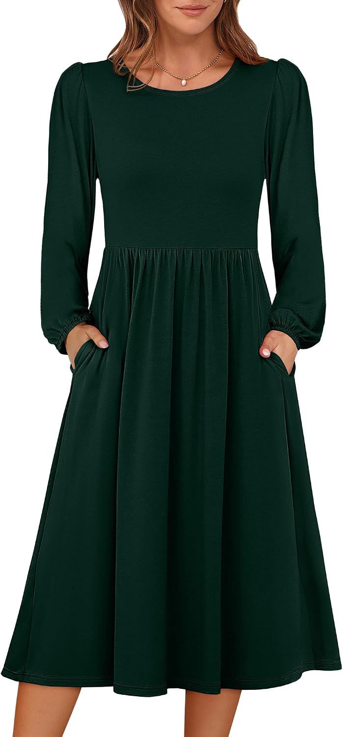 ANRABESS Women Long Sleeve Casual Fall Midi Dress Lightweight with Pockets | Crewneck Flowy A-Line Long Dresses, Comfy Soft, Church Floral Vacation Outfits, Fashion Transition, Winter Layering Clothes