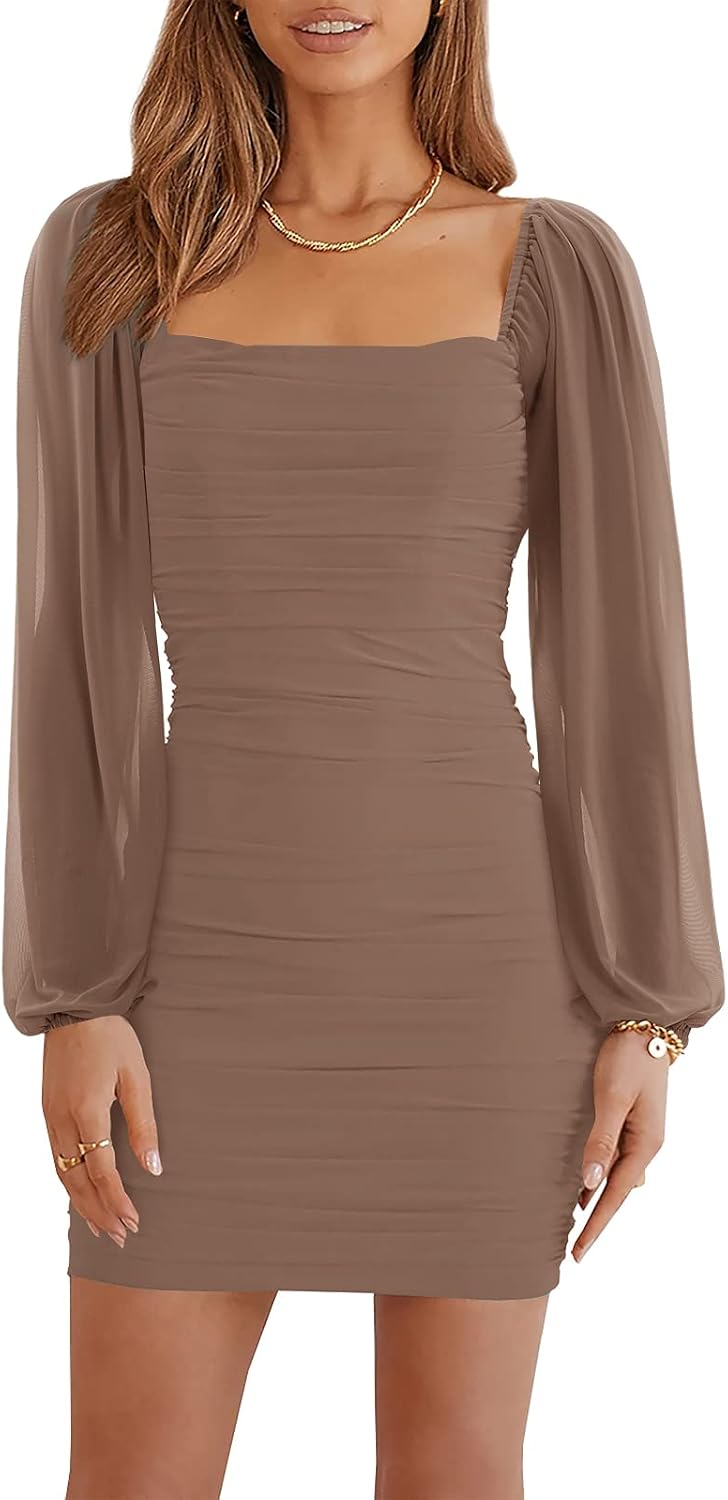 Wenrine Women Mesh Long Sleeve Square Neck Ruched Bodycon Mini Dress | Lantern Sleeve,Stretchy,Elegant,Club Party,Cocktail,Going Out,Semi Formal,Prom,Homecoming,Wedding Guest,Graduation,Teen Dress