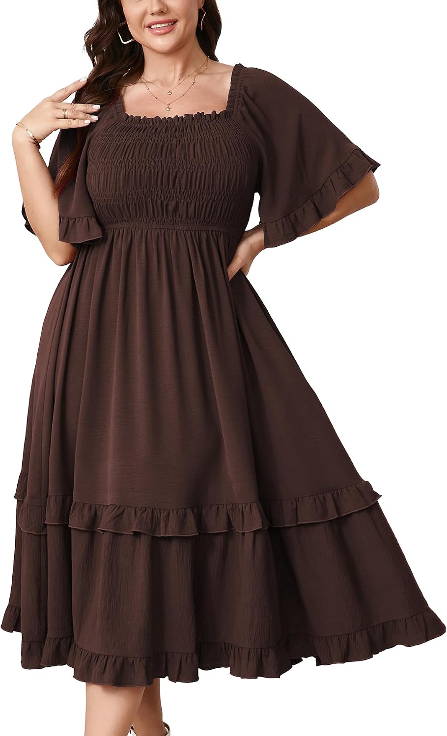 SCOMCHIC Women's Plus Size Maxi Summer Wedding Guest Cocktail Boho Dresses | Short Sleeve, Square Neck Smocked, A line, Fall, Elegant Flowy Long Dress