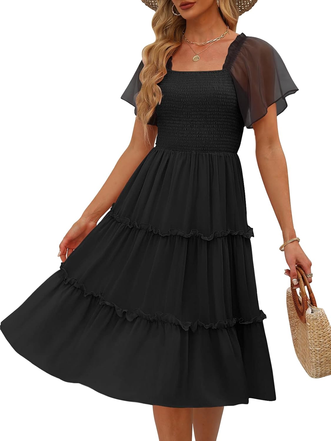 LILLUSORY Women Tiered Flutter Sleeve Square Neck Smocked Midi Dress | Beach Vacation Outfits, Boho Resort Wear, Spring & Summer Staple, Cottagecore Aesthetic Fashion