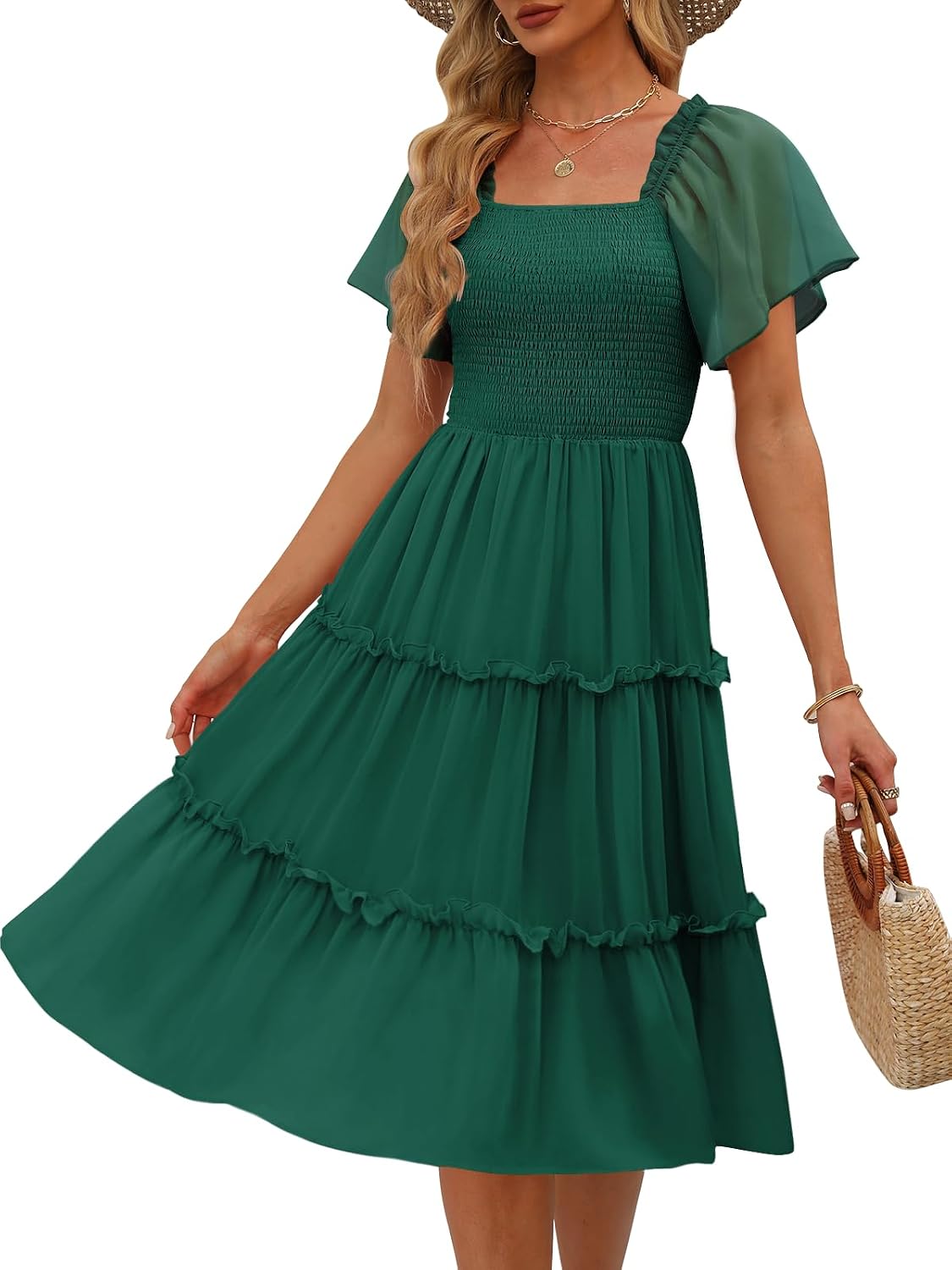 LILLUSORY Women Tiered Flutter Sleeve Square Neck Smocked Midi Dress | Beach Vacation Outfits, Boho Resort Wear, Spring & Summer Staple, Cottagecore Aesthetic Fashion