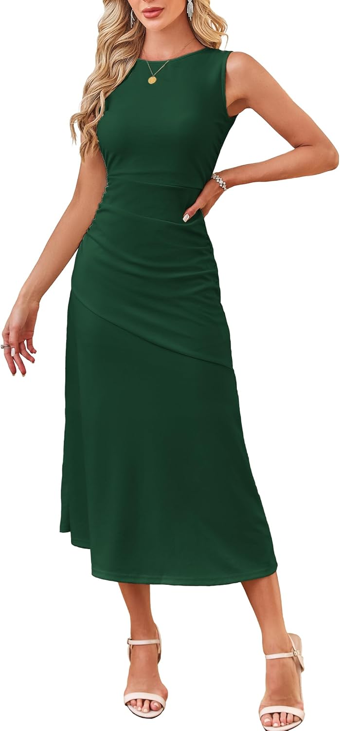 Kikibell Women's Cocktail Dresses Sleeveless Ruched Elegant Semi Formal Wedding Guest Prom Party Summer Maxi Dress