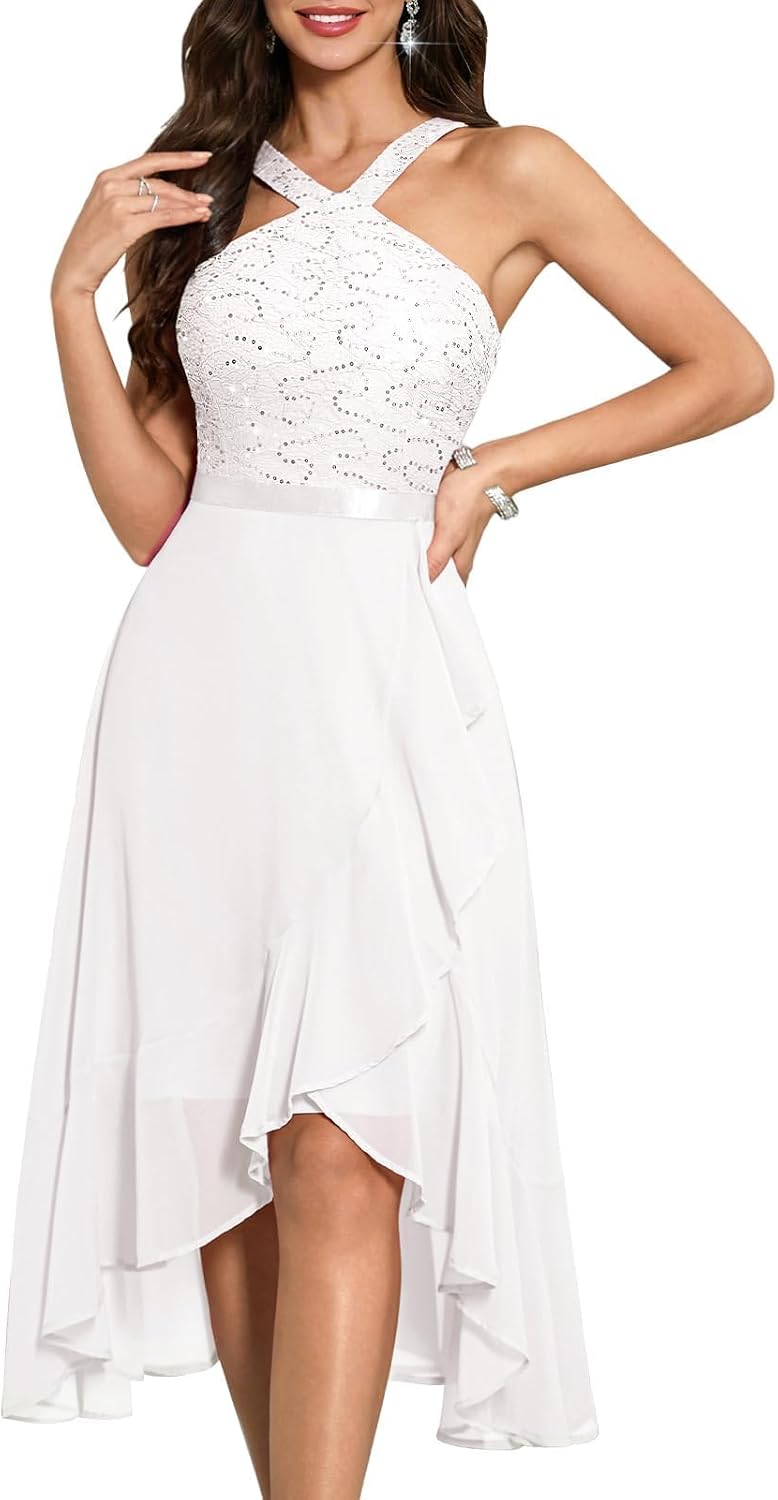Bbonlinedress Women's Halter Formal Wedding Guest Cocktail Dress Sequin Hi-Lo Prom Bridesmaid Evening Chiffon Dress for Teens