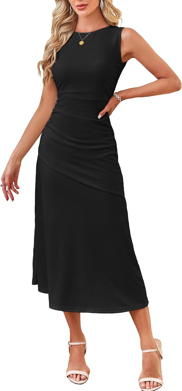 Kikibell Women's Cocktail Dresses Sleeveless Ruched Elegant Semi Formal Wedding Guest Prom Party Summer Maxi Dress