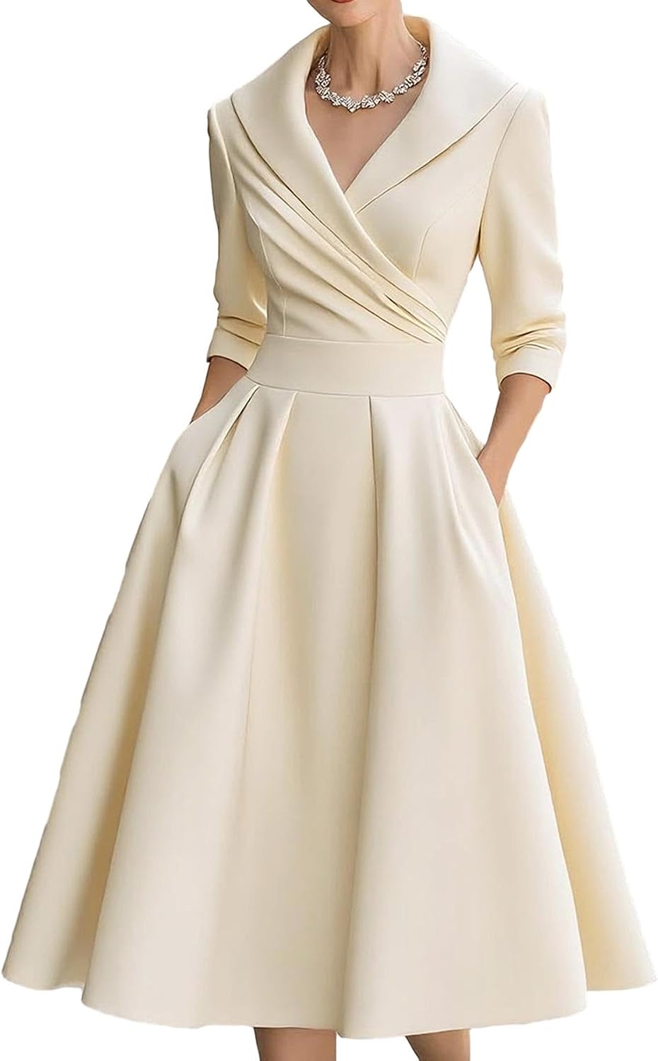 SHINFY Women's Satin Formal Wrap Long Sleeve A Line Midi Church Dress | Casual Elegant Semi-Formal V-Neck Silky Dresses with Pocket for Work Church Weddings and Dinners Polished