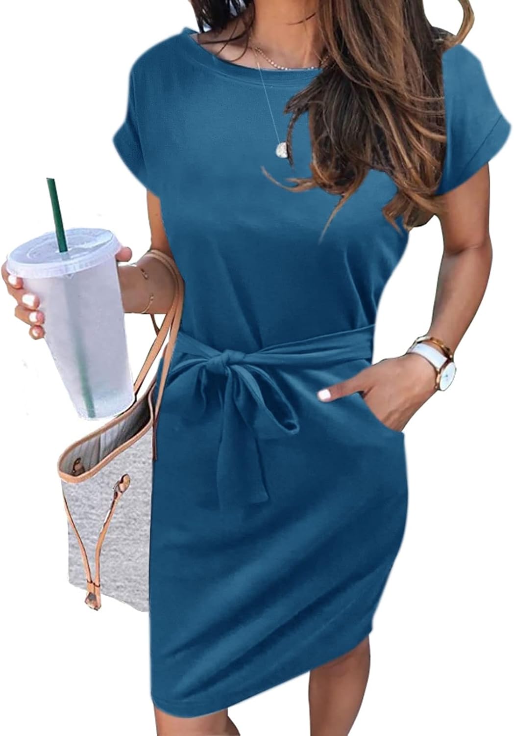 MEROKEETY Women's 2026 Summer Short Sleeve Casual T Shirt Dress | Striped, Tie Waist, Crew Neck, Work Vacation Beach, Trendy Fashion Cute Short Dresses