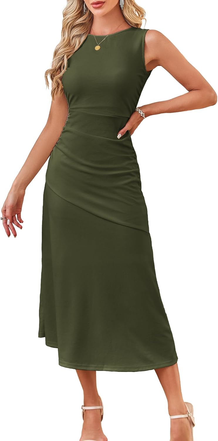 Kikibell Women's Cocktail Dresses Sleeveless Ruched Elegant Semi Formal Wedding Guest Prom Party Summer Maxi Dress