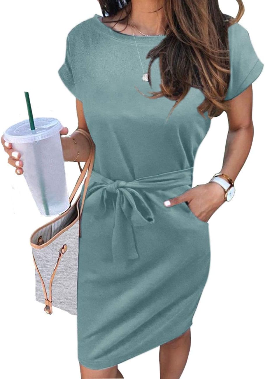 MEROKEETY Women's 2026 Summer Short Sleeve Casual T Shirt Dress | Striped, Tie Waist, Crew Neck, Work Vacation Beach, Trendy Fashion Cute Short Dresses