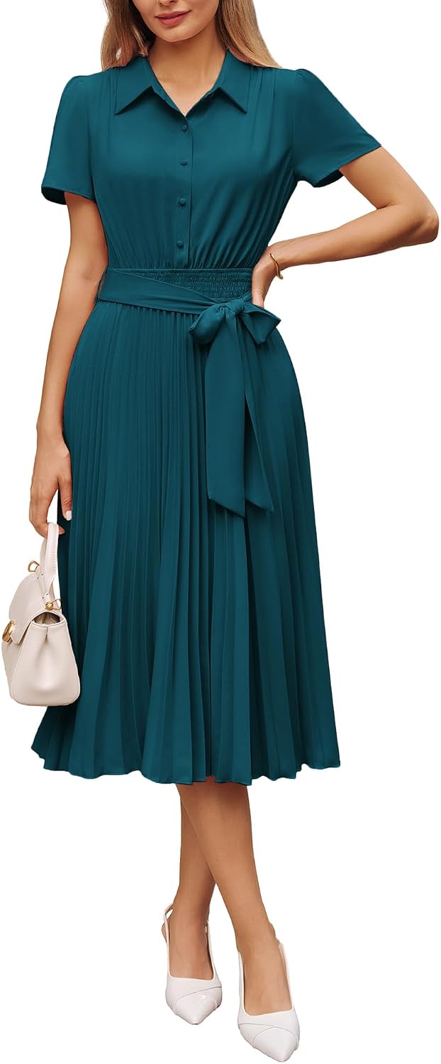 GRACE KARIN Women's 2026 Summer Midi Work Dress Short Sleeve Button Shirt Dresses A Line Pleated Belt Business Casual Dresses