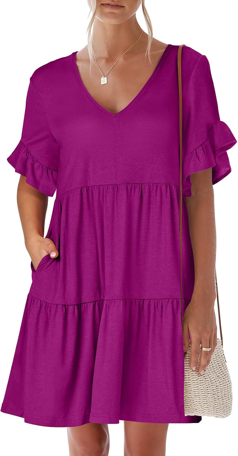 ANRABESS Dresses for Women Summer 2026 V Neck Ruffle Sleeve A Line Tiered Flowy Casual Trendy Mini Beach Dress with Pockets