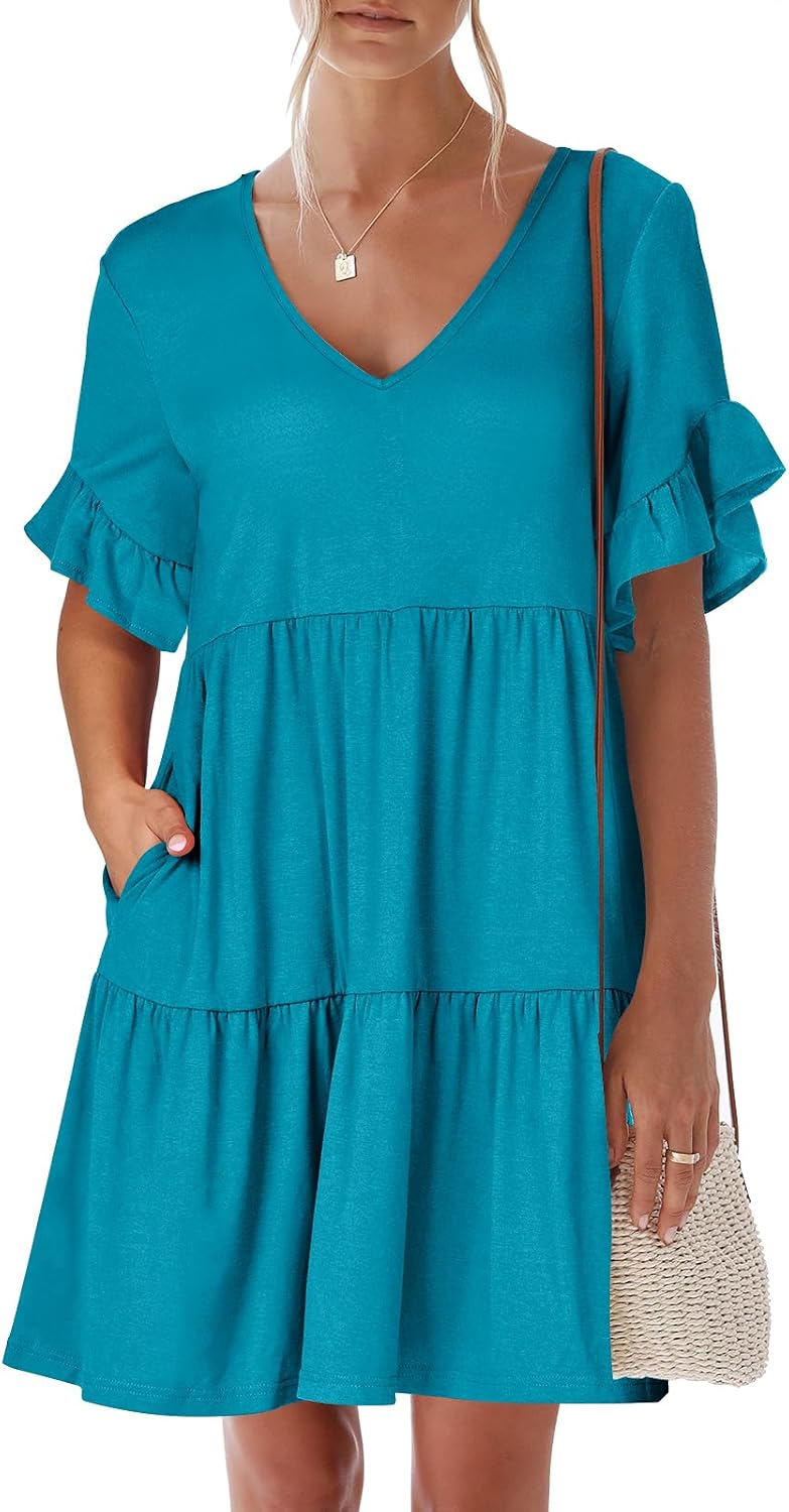 ANRABESS Dresses for Women Summer 2026 V Neck Ruffle Sleeve A Line Tiered Flowy Casual Trendy Mini Beach Dress with Pockets