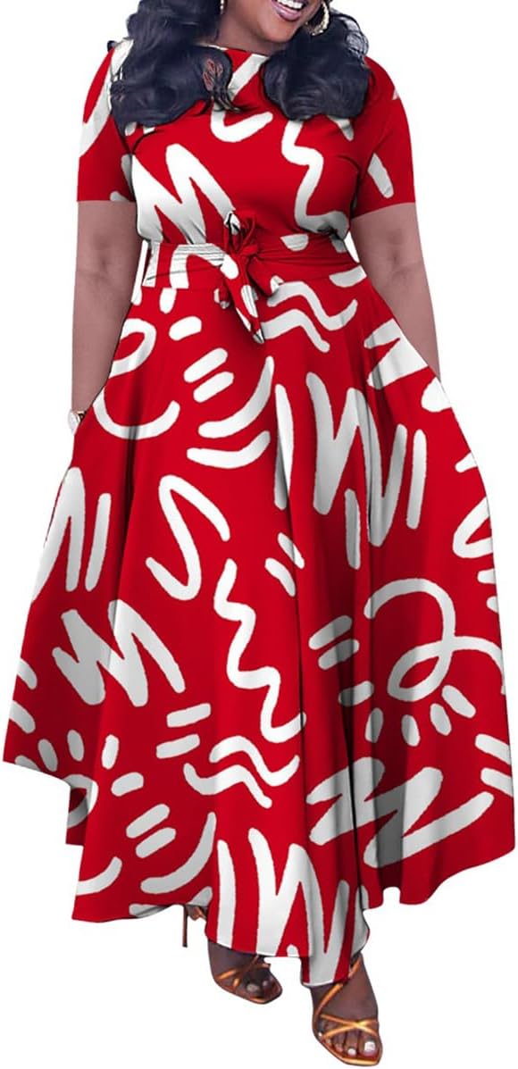BFFBABY Plus Size Dress A Line Dresses for Women Summer Long Dresses with Sleeve Casual Belted