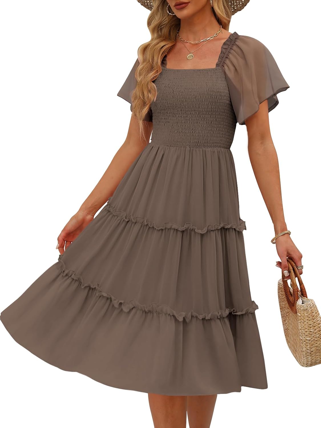 LILLUSORY Women Tiered Flutter Sleeve Square Neck Smocked Midi Dress | Beach Vacation Outfits, Boho Resort Wear, Spring & Summer Staple, Cottagecore Aesthetic Fashion