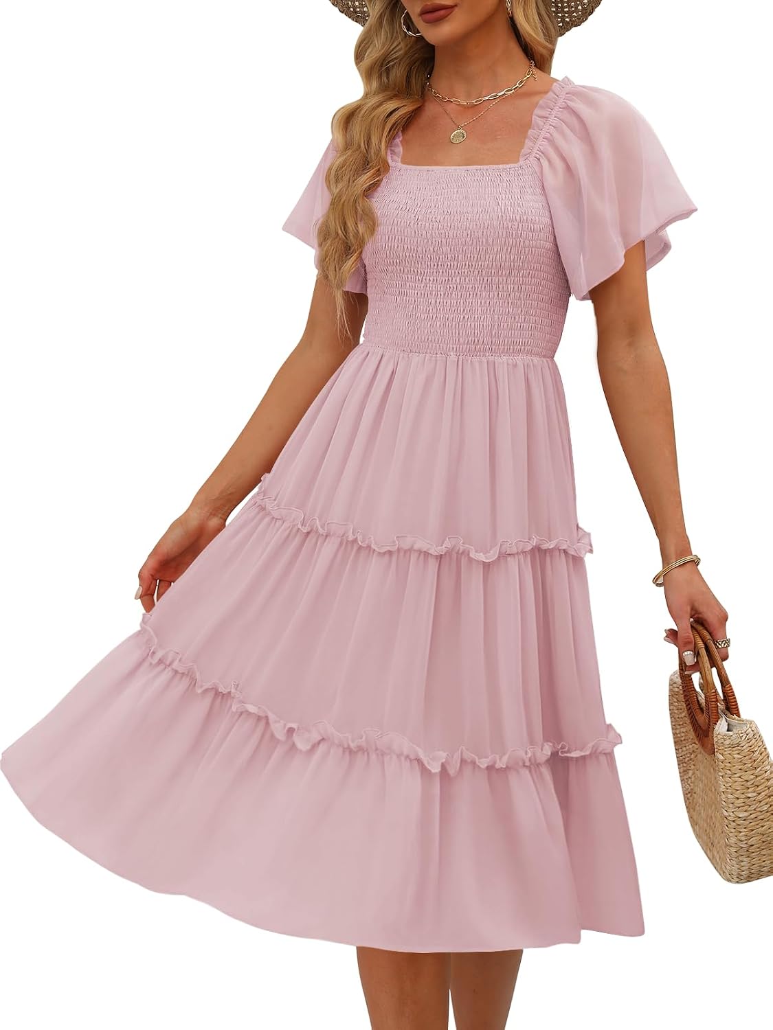 LILLUSORY Women Tiered Flutter Sleeve Square Neck Smocked Midi Dress | Beach Vacation Outfits, Boho Resort Wear, Spring & Summer Staple, Cottagecore Aesthetic Fashion