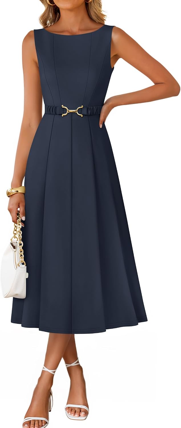 ZESICA Women's Summer Sleeveless 2026 Formal Cocktail Party Midi Dresses | Boat Neck, Flowy A Line Tie Waist, Business Casual Work Office Dressy Outfits, Elegant Beach Wedding Guest Graduation Dress