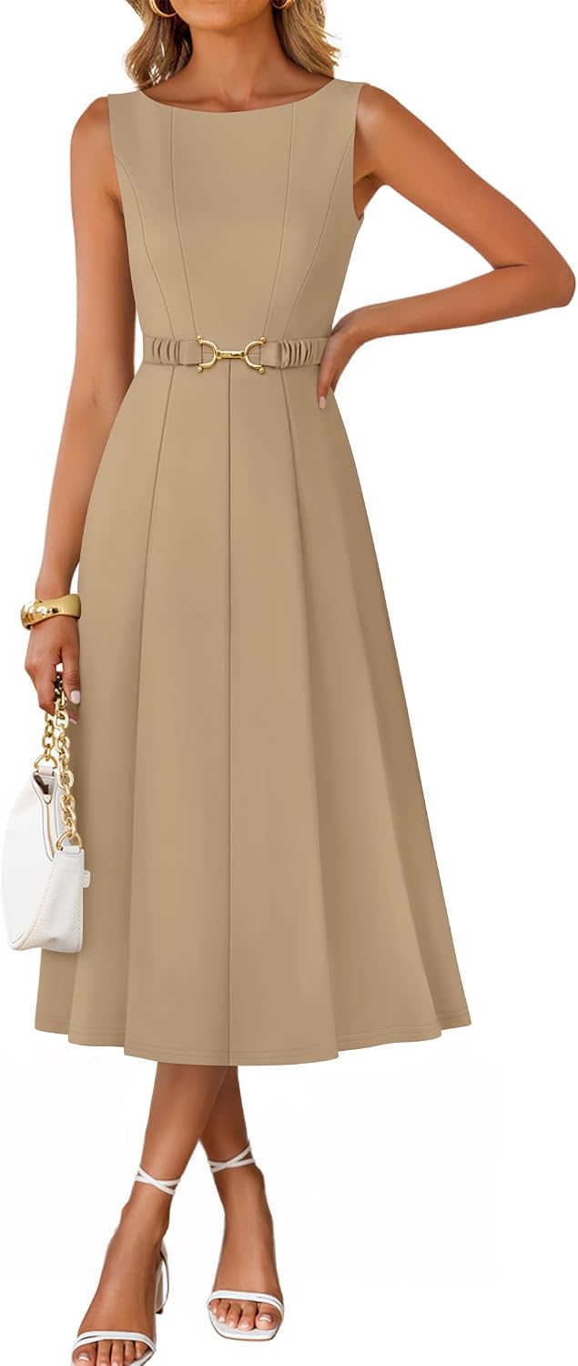 ZESICA Women's Summer Sleeveless 2026 Formal Cocktail Party Midi Dresses | Boat Neck, Flowy A Line Tie Waist, Business Casual Work Office Dressy Outfits, Elegant Beach Wedding Guest Graduation Dress