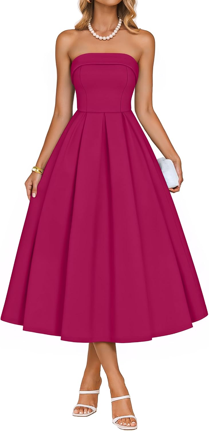 ZESICA Women's Summer Strapless Cocktail Party Dresses | Off Shoulder, Flowy A Line, Midi Dress, Wedding Guest, Semi Formal, Rehearsal Dinner, Engagement, 2026 Night Out Clothes
