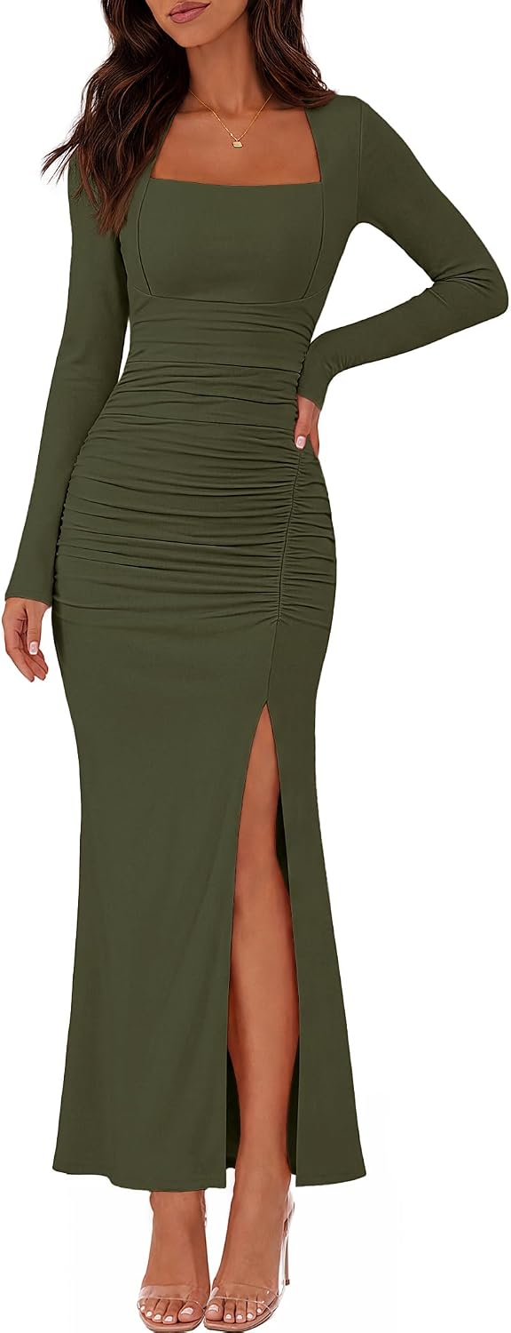 MEROKEETY Womens Fall Long Sleeve Wedding Guest Formal Cocktail Maxi Dress | Elegant Square Neck, Ruched, Bodycon, Side Slit, Slim Fit, 2026 Sexy Trendy Fashion, Party Date Night Prom Long Dresses
