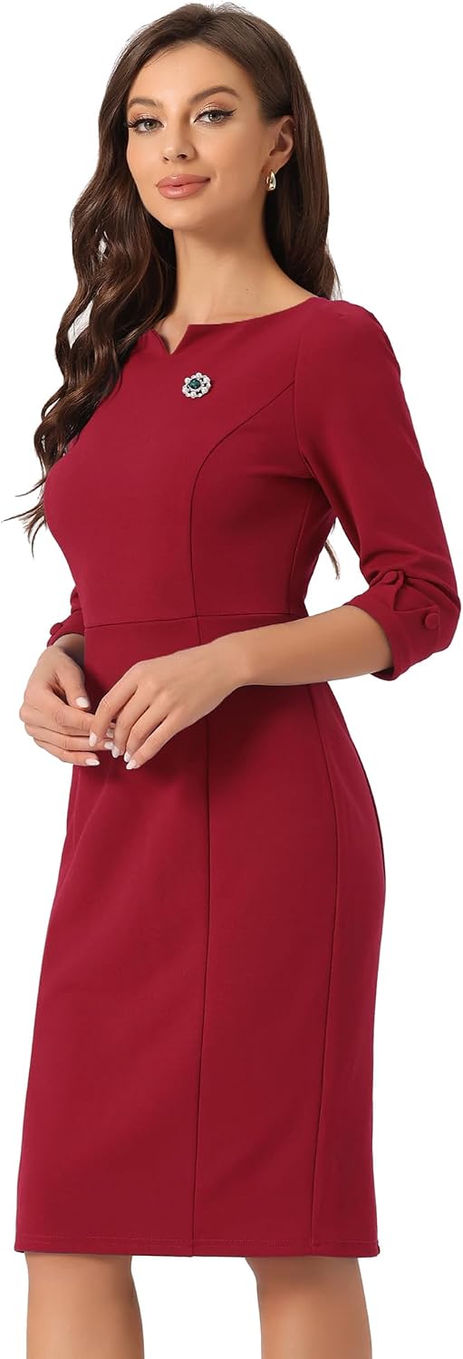 Allegra K Work Dress for Women 3\/4 Sleeve Business Casual Sheath Dresses | Boat Neck, Back Slit, Bodycon, Office, Professional, Vintage, Interview, Church Wear, Dressy Casual