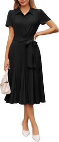 GRACE KARIN Women's 2026 Summer Midi Work Dress Short Sleeve Button Shirt Dresses A Line Pleated Belt Business Casual Dresses