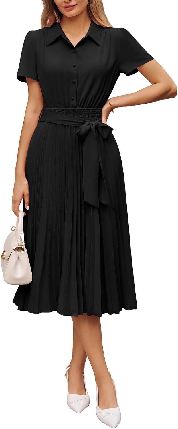 GRACE KARIN Women's 2026 Summer Midi Work Dress Short Sleeve Button Shirt Dresses A Line Pleated Belt Business Casual Dresses