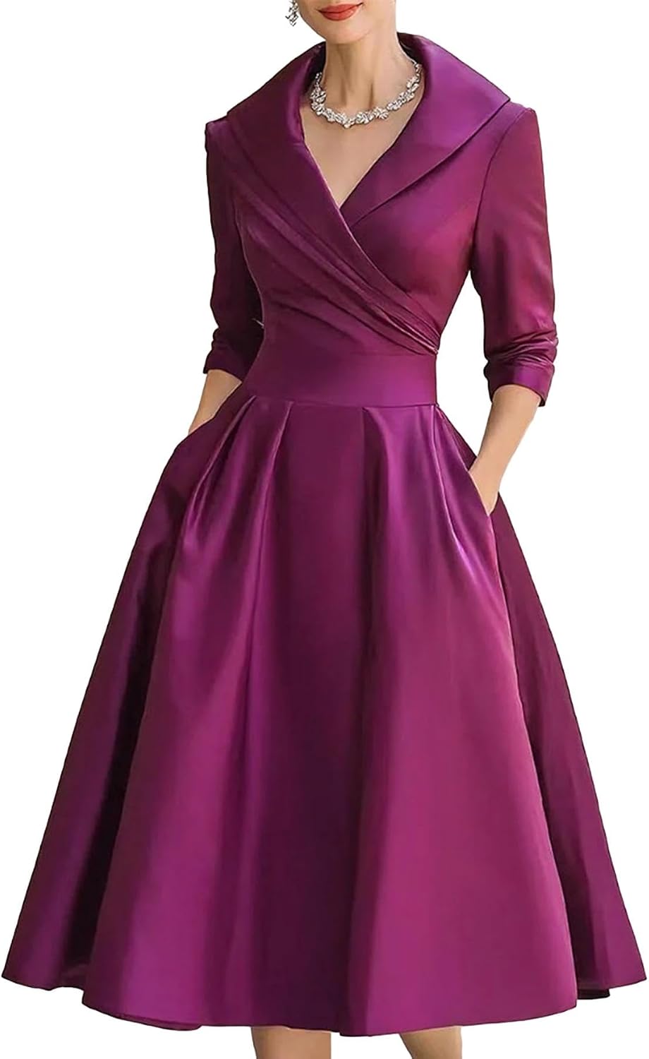 SHINFY Women's Satin Formal Wrap Long Sleeve A Line Midi Church Dress | Casual Elegant Semi-Formal V-Neck Silky Dresses with Pocket for Work Church Weddings and Dinners Polished