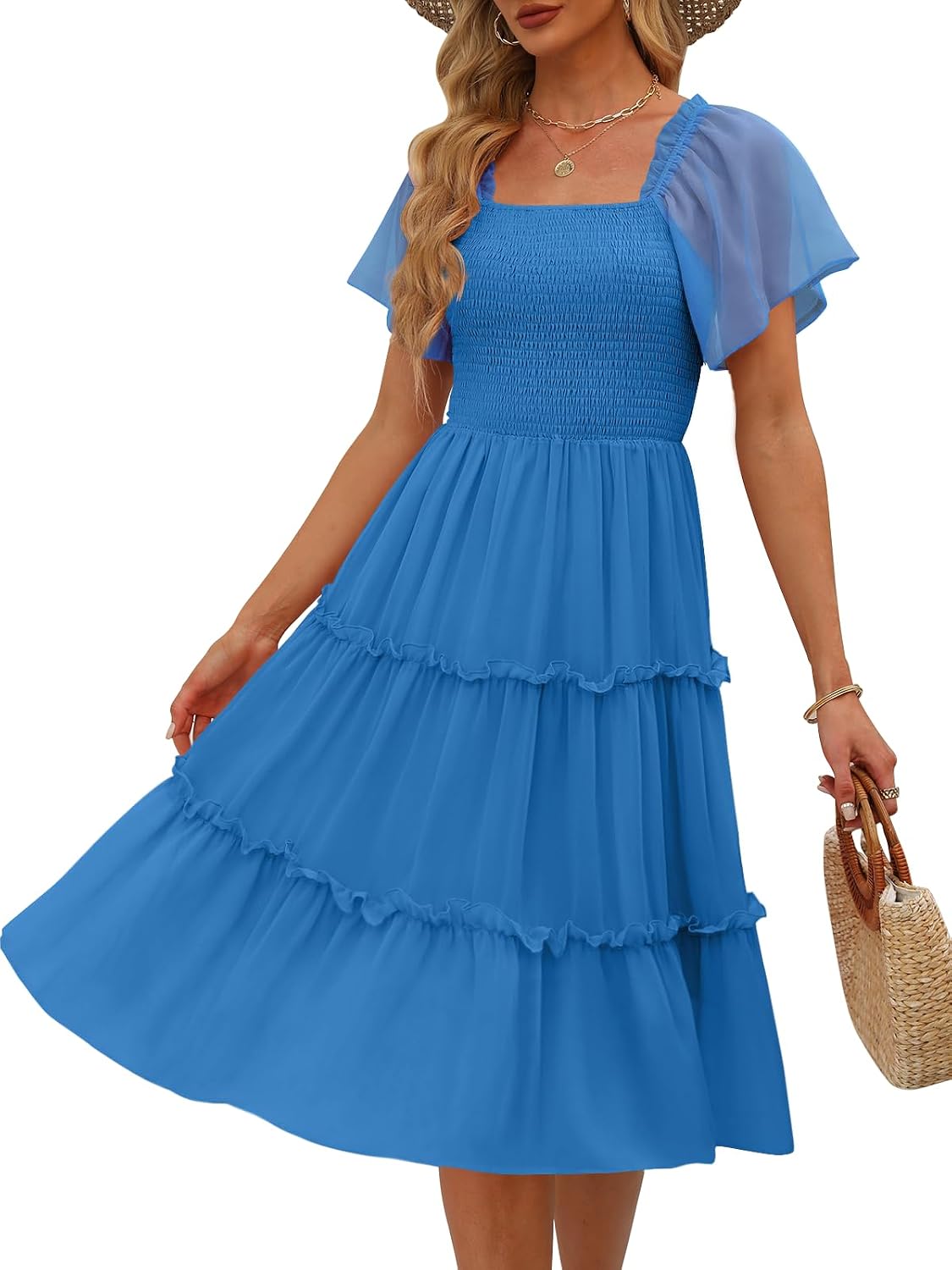 LILLUSORY Women Tiered Flutter Sleeve Square Neck Smocked Midi Dress | Beach Vacation Outfits, Boho Resort Wear, Spring & Summer Staple, Cottagecore Aesthetic Fashion