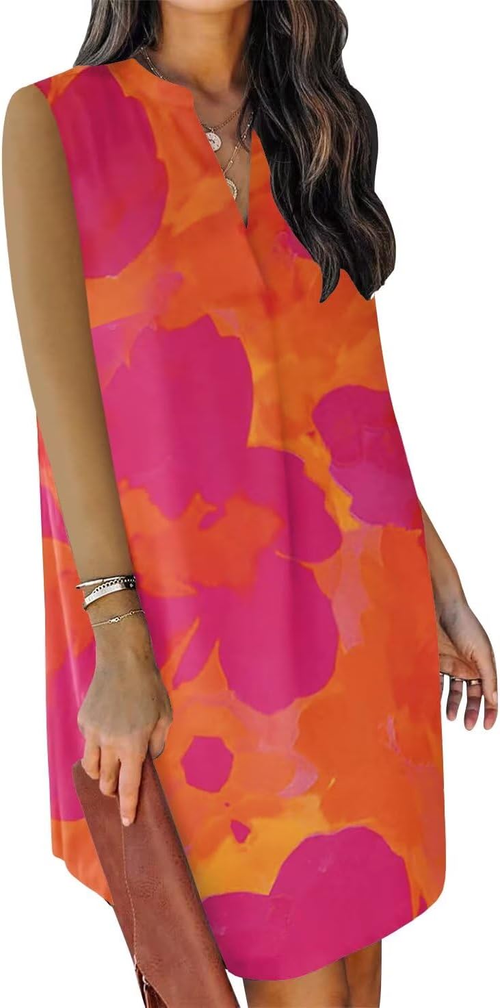 QACOHU Summer Dresses for Women 2026 Sleeveless Casual Shift Dress | Mini Sundress, V Neck , Loose Straight Fit Tank Dress, Spring Outfits for Beach Vacation, Church, Wedding Guest