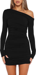 Mokoru Women's Sexy Off Shoulder Long Sleeve Cocktail Mini Dress | Elegant Ruched Bodycon Party Short Dresses