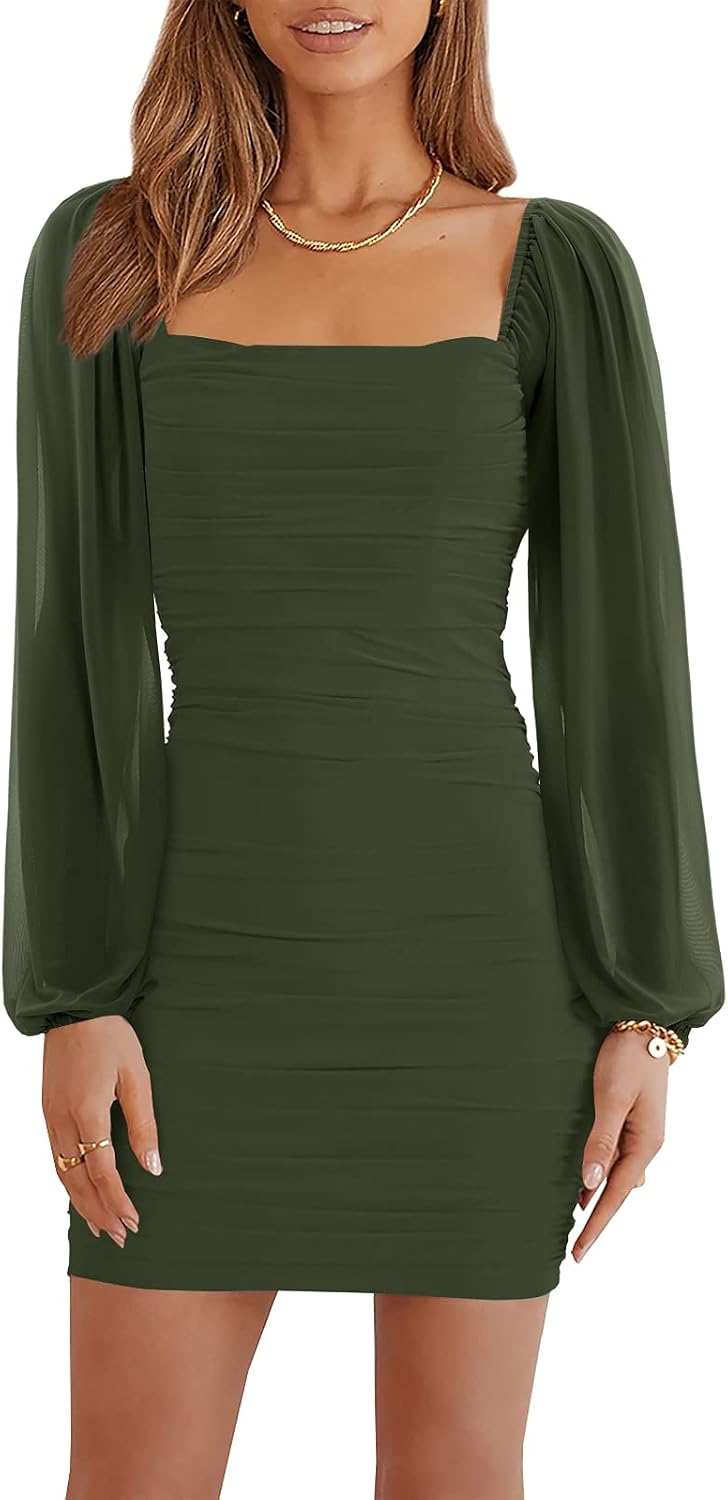 Wenrine Women Mesh Long Sleeve Square Neck Ruched Bodycon Mini Dress | Lantern Sleeve,Stretchy,Elegant,Club Party,Cocktail,Going Out,Semi Formal,Prom,Homecoming,Wedding Guest,Graduation,Teen Dress