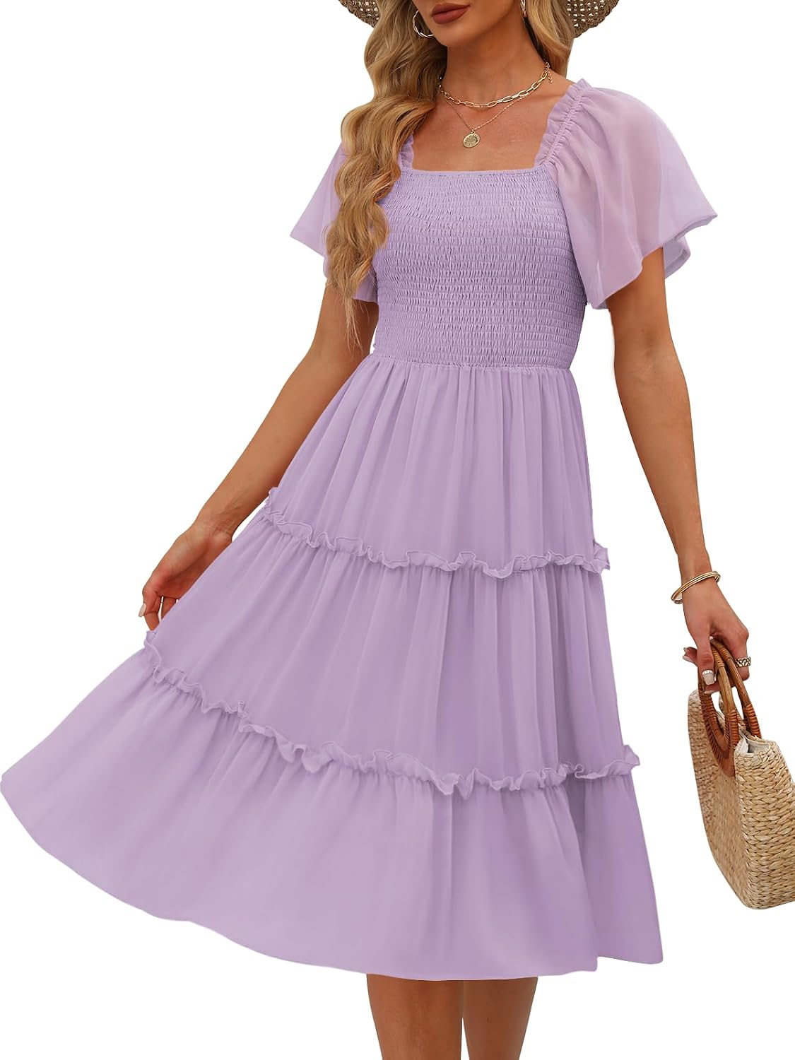 LILLUSORY Women Tiered Flutter Sleeve Square Neck Smocked Midi Dress | Beach Vacation Outfits, Boho Resort Wear, Spring & Summer Staple, Cottagecore Aesthetic Fashion