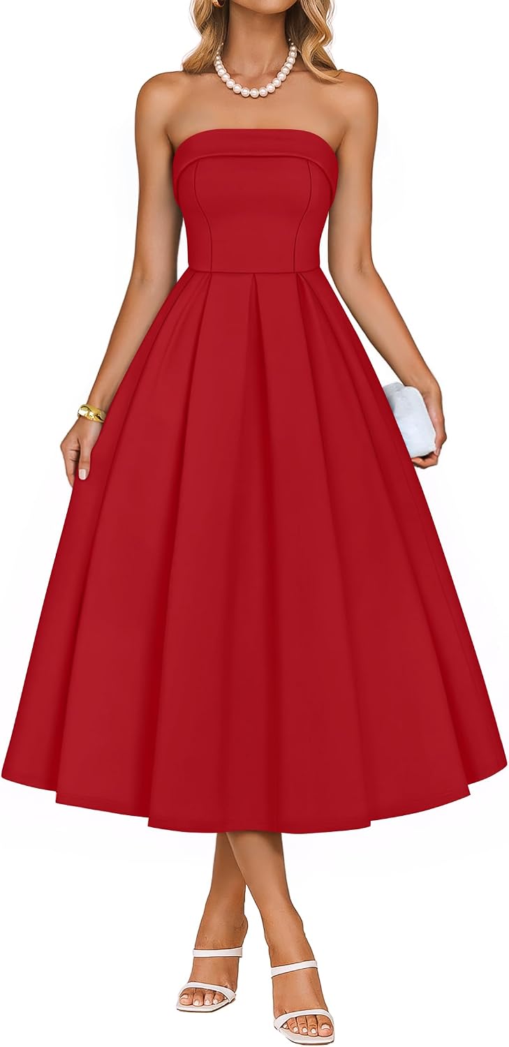 ZESICA Women's Summer Strapless Cocktail Party Dresses | Off Shoulder, Flowy A Line, Midi Dress, Wedding Guest, Semi Formal, Rehearsal Dinner, Engagement, 2026 Night Out Clothes