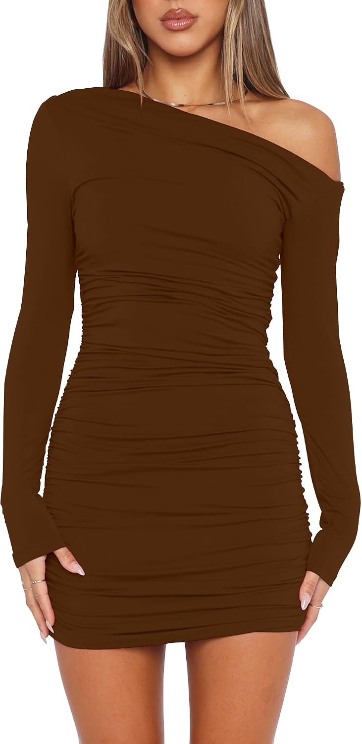 Mokoru Women's Sexy Off Shoulder Long Sleeve Cocktail Mini Dress | Elegant Ruched Bodycon Party Short Dresses