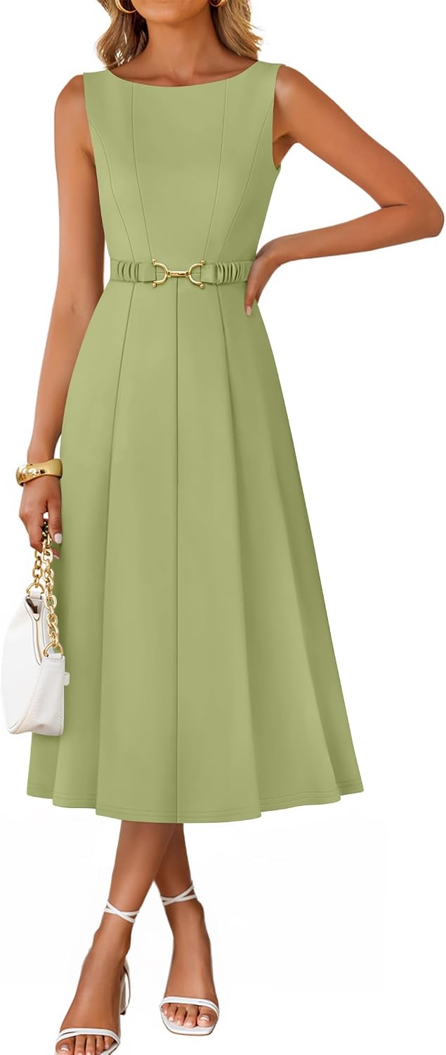 ZESICA Women's Summer Sleeveless 2026 Formal Cocktail Party Midi Dresses | Boat Neck, Flowy A Line Tie Waist, Business Casual Work Office Dressy Outfits, Elegant Beach Wedding Guest Graduation Dress