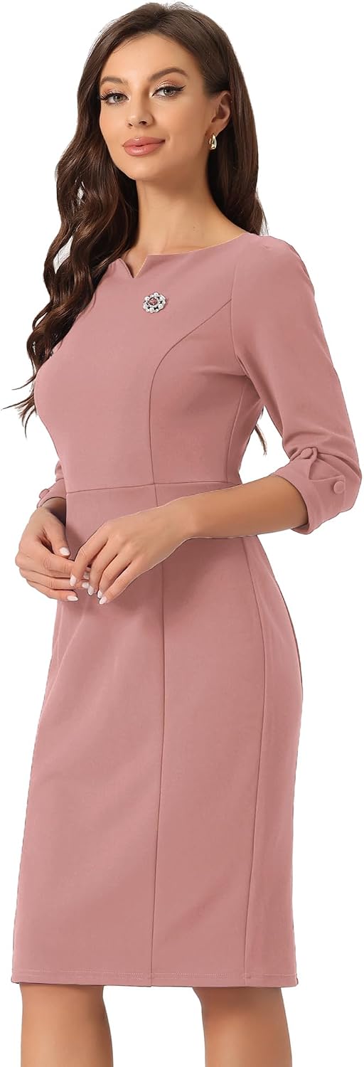 Allegra K Work Dress for Women 3\/4 Sleeve Business Casual Sheath Dresses | Boat Neck, Back Slit, Bodycon, Office, Professional, Vintage, Interview, Church Wear, Dressy Casual
