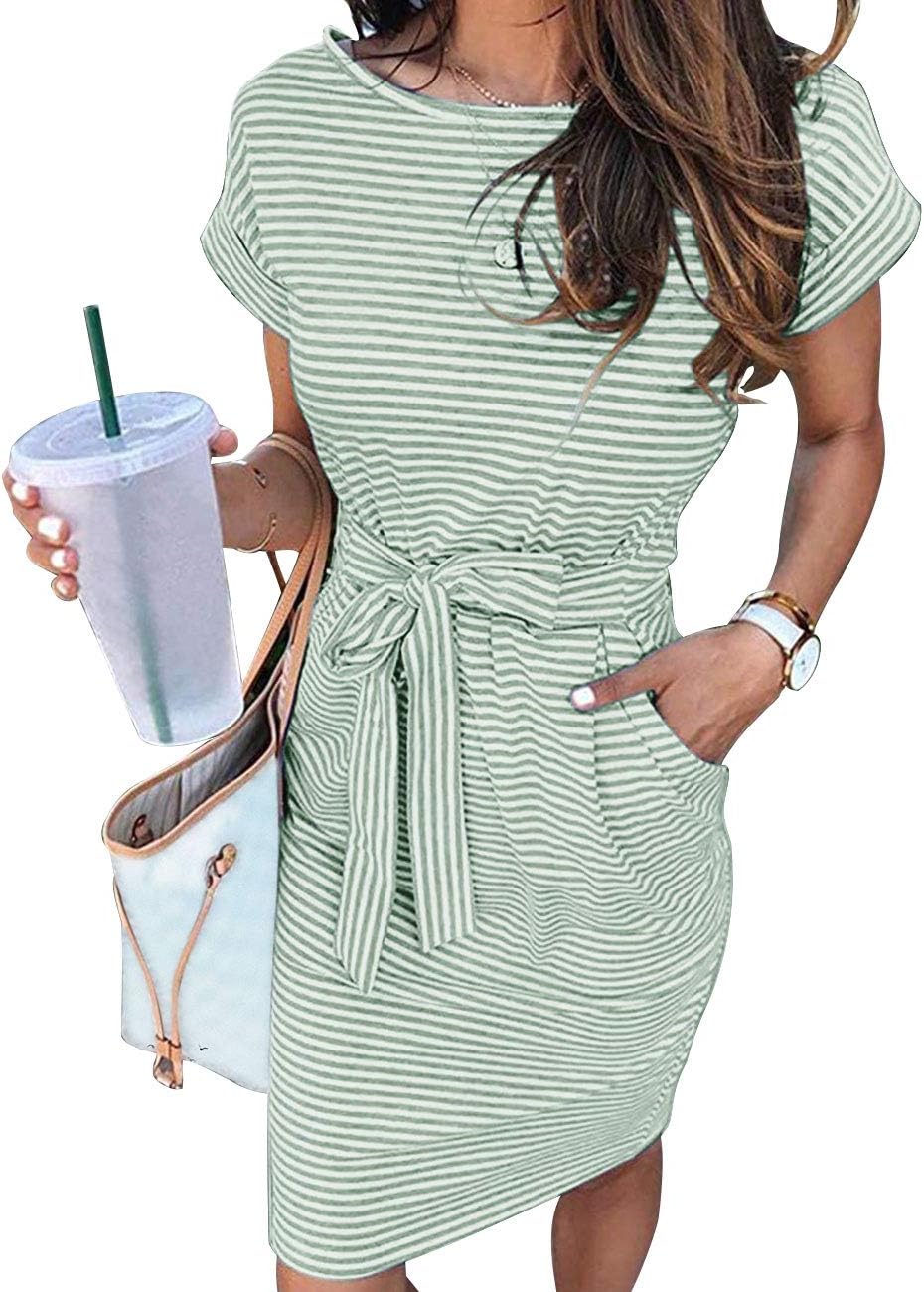 MEROKEETY Women's 2026 Summer Short Sleeve Casual T Shirt Dress | Striped, Tie Waist, Crew Neck, Work Vacation Beach, Trendy Fashion Cute Short Dresses