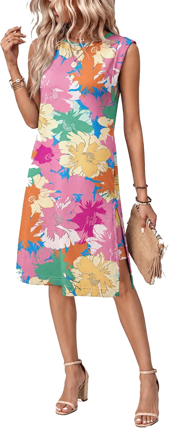 BEXIBOOM Women's Summer Casual Cap Sleeve Midi Dress with Pockets | Soft Stretch Fabric Round Neck Relaxed Fit Wrinkle-Free Side Slit And Pockets For Daily Wear, Work, Travel And Vacation