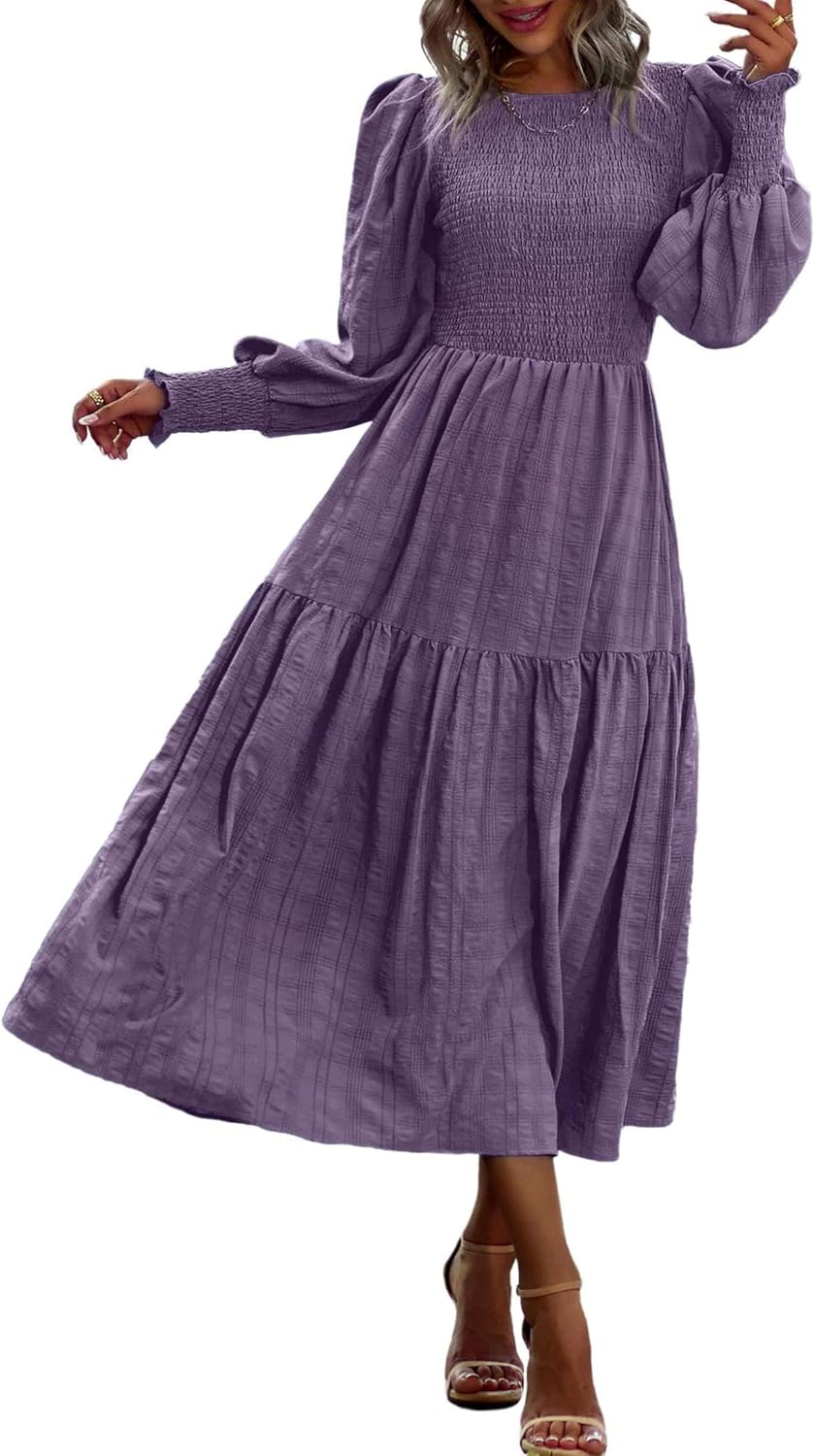 PRETTYGARDEN Women 2026 Spring Puff Long Sleeve Crewneck Smocked Maxi Dress Empire Waist Tiered A-line Swing Flowy Long Dress