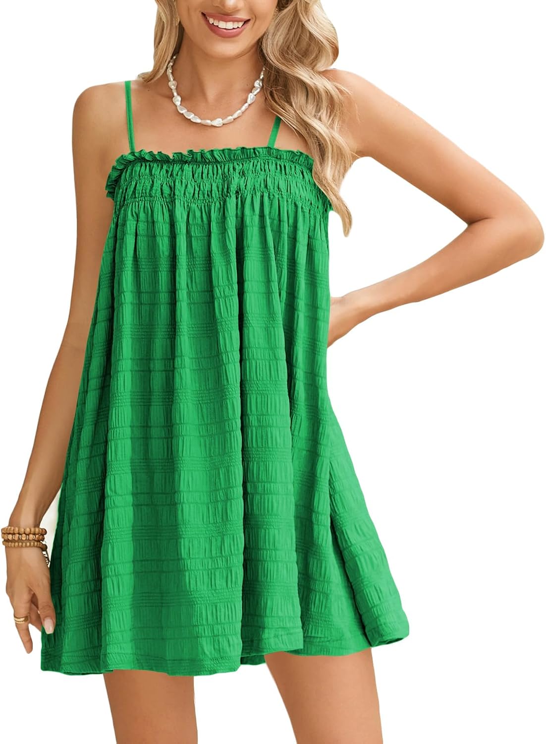 MakeMeChic Women's Babydoll Dress Sleeveless Swing Shirred Mini Dresses | Beach, Summer, Sundress, Ruffle, Casual Dress, Flowy Dress