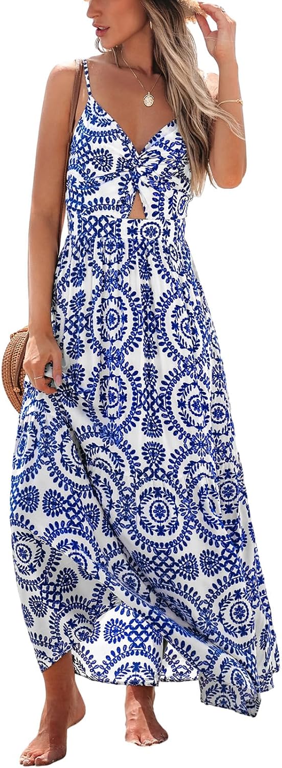 CUPSHE Women's Maxi Dress Floral Print Twisted V Neck Sleeveless Long Dress Summer Casual Dress