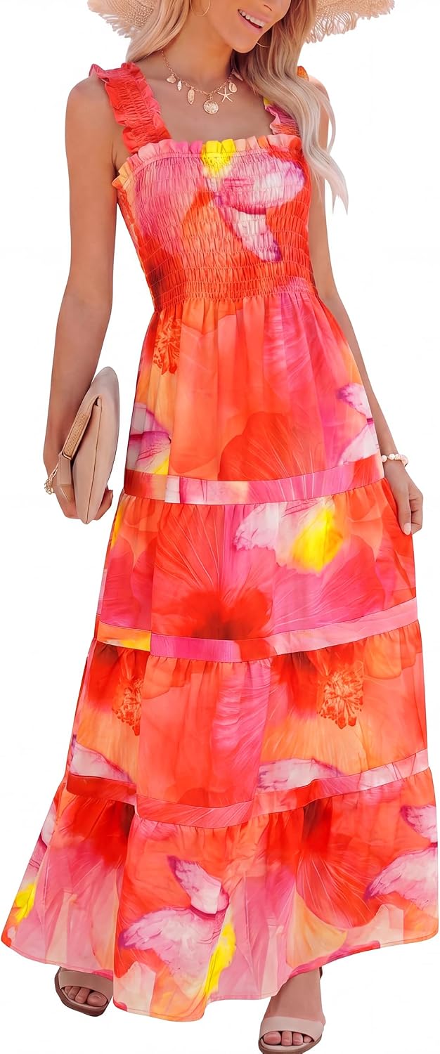 Caracilia Womens Summer Maxi Dresses Floral Smocked Boho Sundress | Sleeveless Ruffle Straps, Square Neck, Tiered Aline Flowy Casual Long Dress, Beach Vacation Outfits