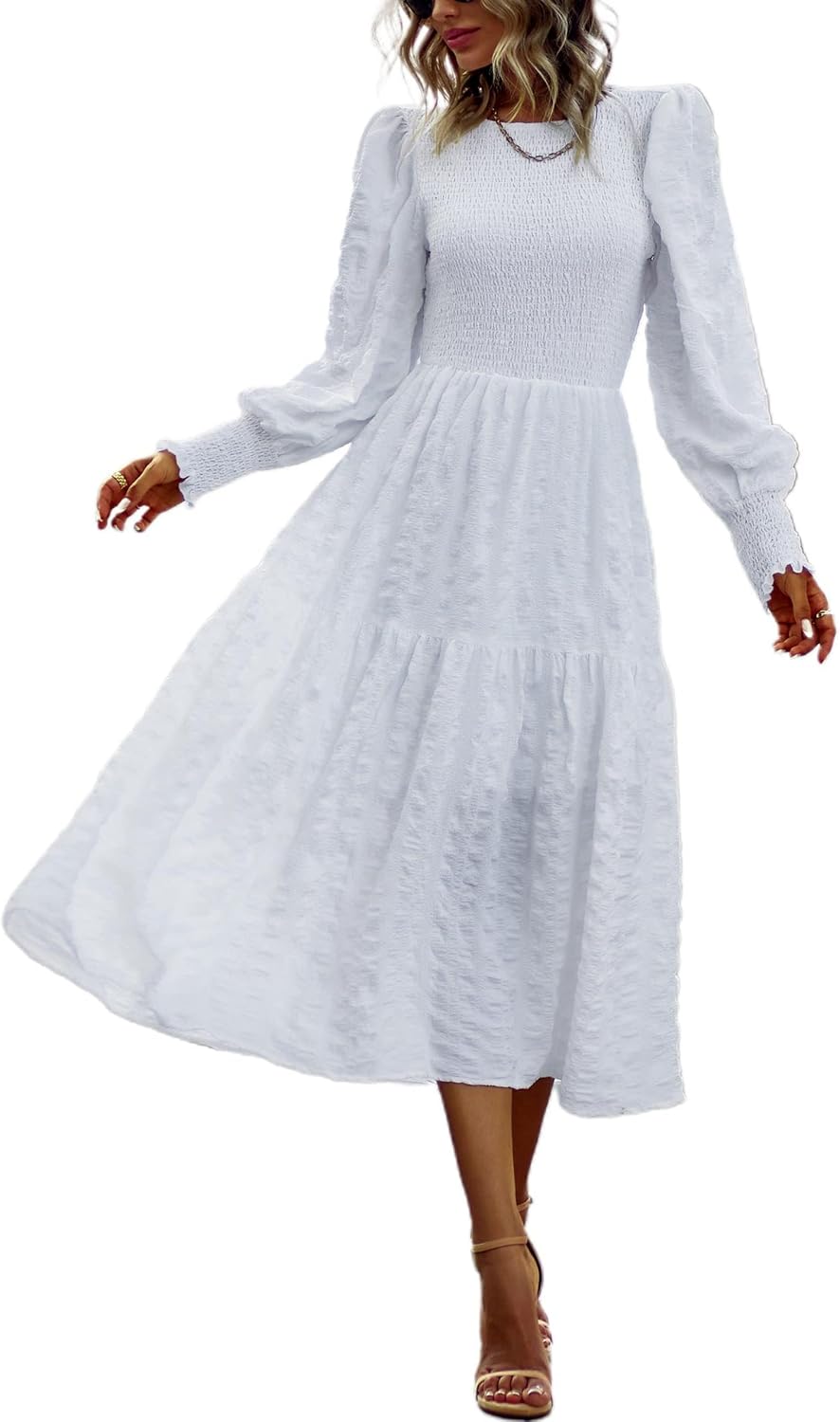 PRETTYGARDEN Women 2026 Spring Puff Long Sleeve Crewneck Smocked Maxi Dress Empire Waist Tiered A-line Swing Flowy Long Dress
