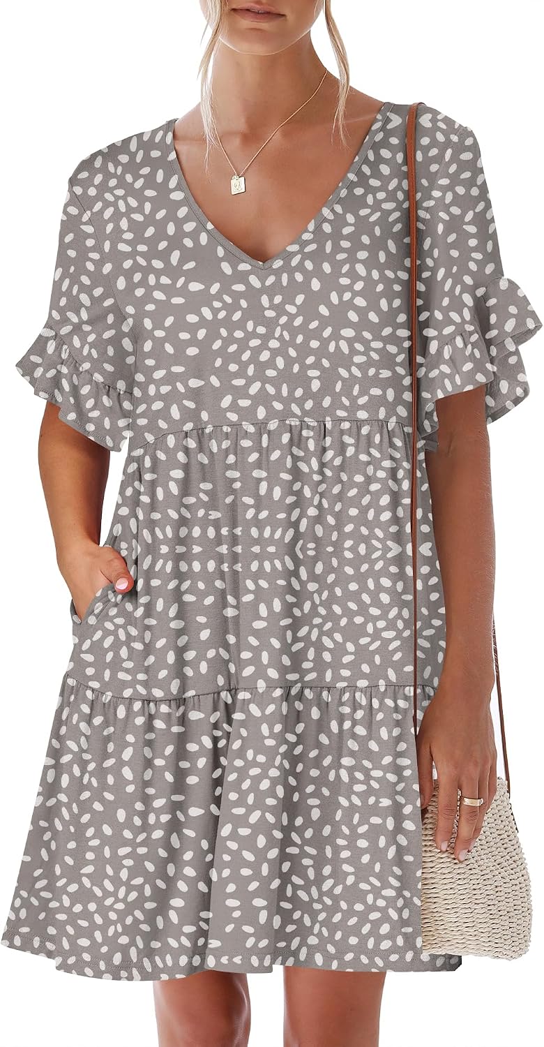 ANRABESS Dresses for Women Summer 2026 V Neck Ruffle Sleeve A Line Tiered Flowy Casual Trendy Mini Beach Dress with Pockets