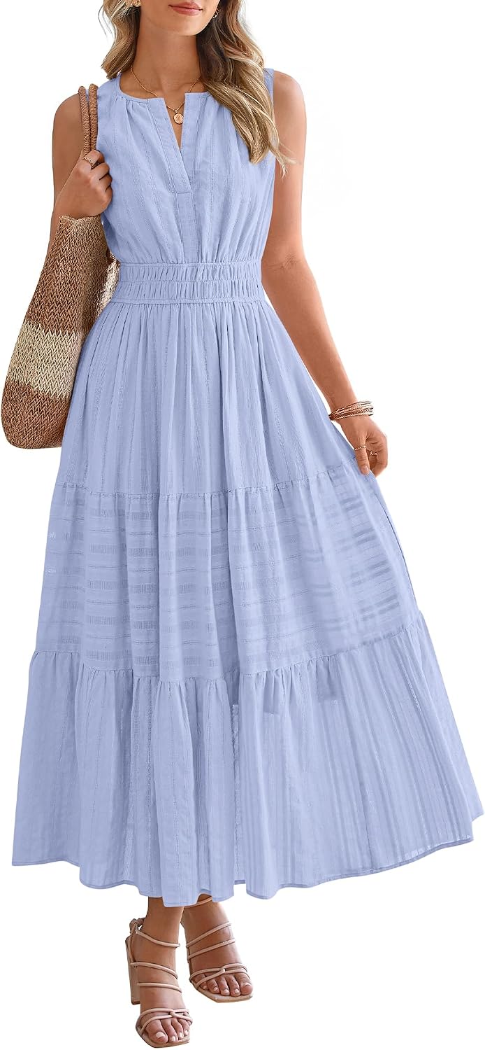 BTFBM Womens Summer Casual Midi Maxi Dress 2026 | Lightweight Sleeveless Boho Sundress,Elastic Waist A Line,V Neck Cotton Long Dresses Pockets,Beach Vacation,Fashion Clothing