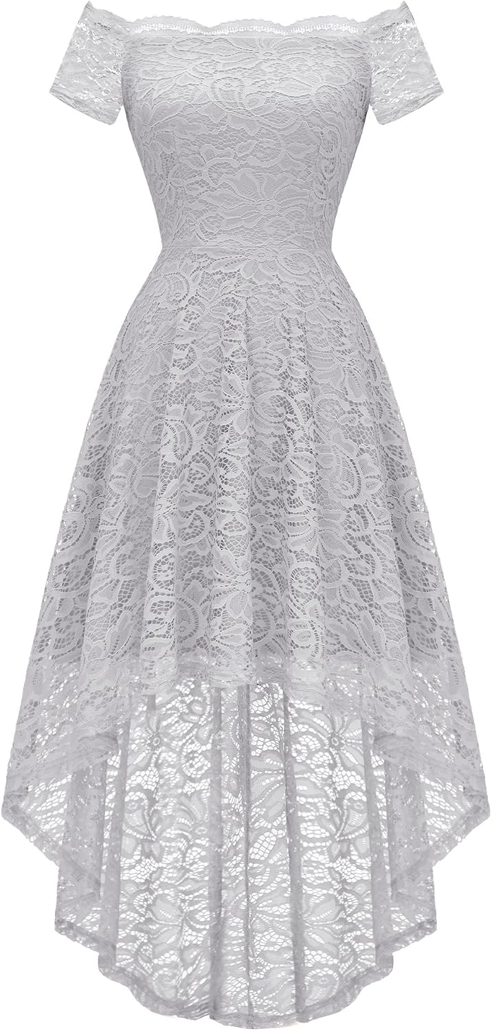 Dressystar Women's Lace Off Shoulder Cocktail Formal Wedding Guest Dress | Hi Lo Bridesmaid Wedding Dresses,Short Sleeve Party Swing Dress, A Line Design,Convertible Neckline,Soft Lace Long Dress