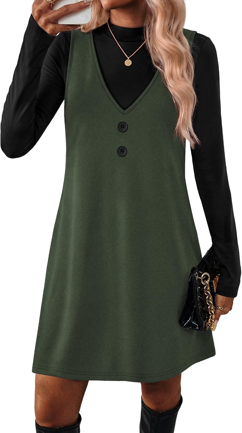 OFEEFAN Fall Dresses for Women 2 Piece Sets Long Sleeve Overall Dress with Pockets Abvoe Knee Fashion Winter Clothing