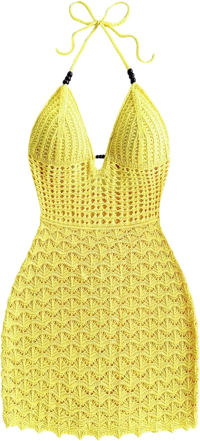 GORGLITTER Women's Crochet Halter Mini Dress Western Cowgirl Sweater Dress | Boho Knit Backless Dresses, 90s Country Concert Party Festival Outfits, Rave Hippie Clothes