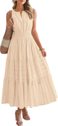 BTFBM Womens Summer Casual Midi Maxi Dress 2026 | Lightweight Sleeveless Boho Sundress,Elastic Waist A Line,V Neck Cotton Long Dresses Pockets,Beach Vacation,Fashion Clothing